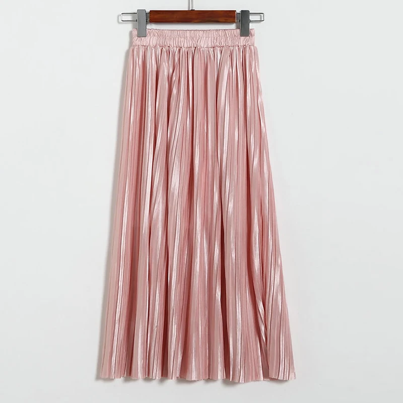 Pink Qiuxuan, летняя блестящая плиссированная юбка цвета металлик, женская мода, эластичная высокая талия, длина по щиколотку, Длинные повседневные вечерние юбки макси - Цвет: Pink