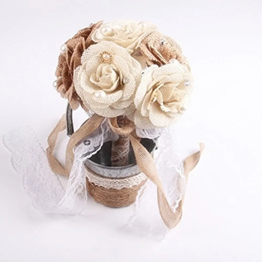 

Wedding Burlap Bouquet Hand-made Bride Holding Toss Bouquet Roses with Pearls and Lace Artificial Flowers Decoration for Wedding