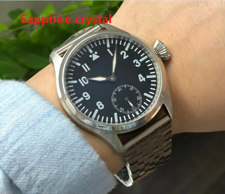 Sapphire crystal 47 мм GEERVO черный циферблат Азиатский 6498 17 драгоценностей механический ручной Ветер движение Пилот мужские часы светящиеся механические часы gr304-g - Цвет: Sapphire crystal