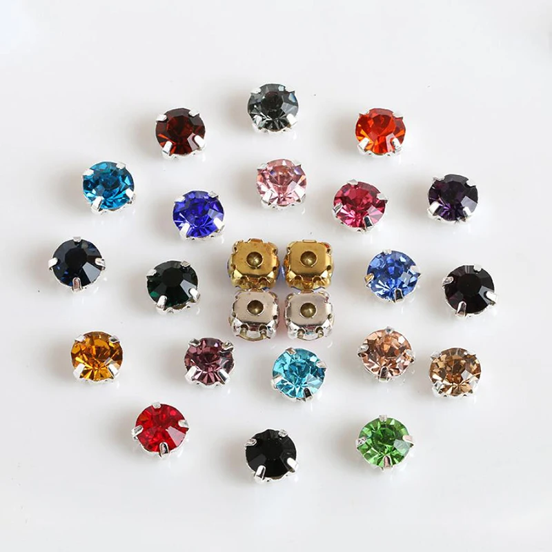 Стеклянные стразы круглой формы пришить Камень кристалл AB золото/серебро коготь