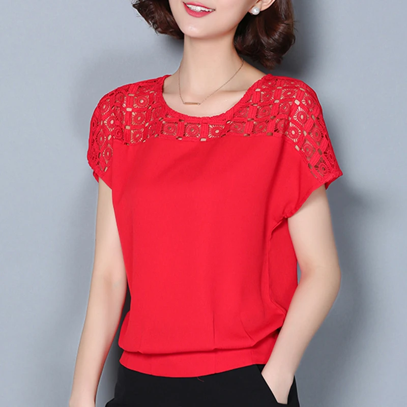 new fashion brand summer style Women's Clothing Blouses lace Hollow out chiffon Shirts o-neck Female short sleeve loose tops | Женская