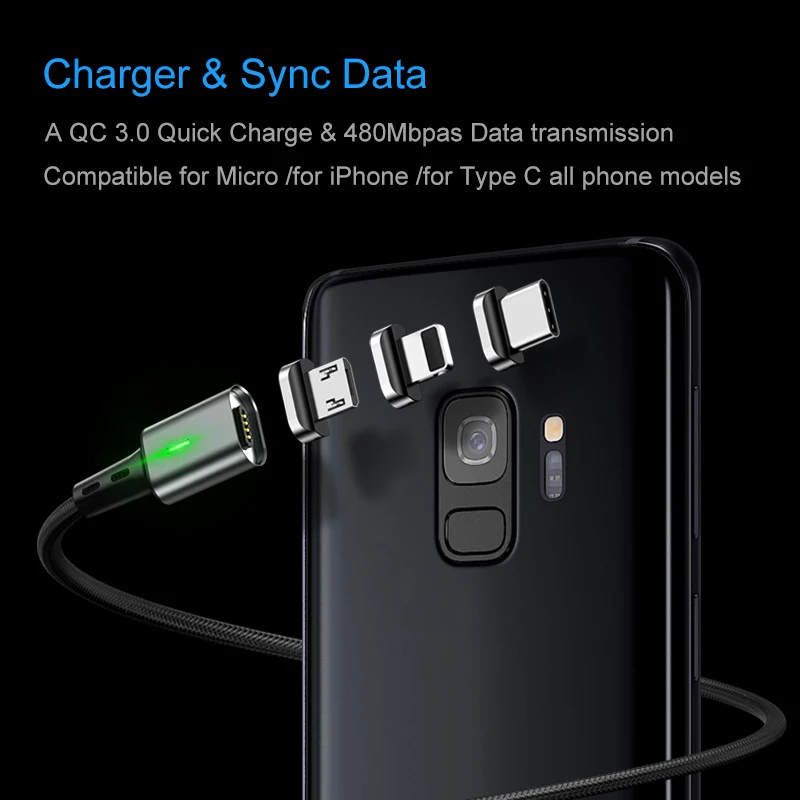 Elough 3 в 1 usb кабель магнитный для iPhone XS Samsung Xiaomi Type C Micro Магнитный зарядный 3A