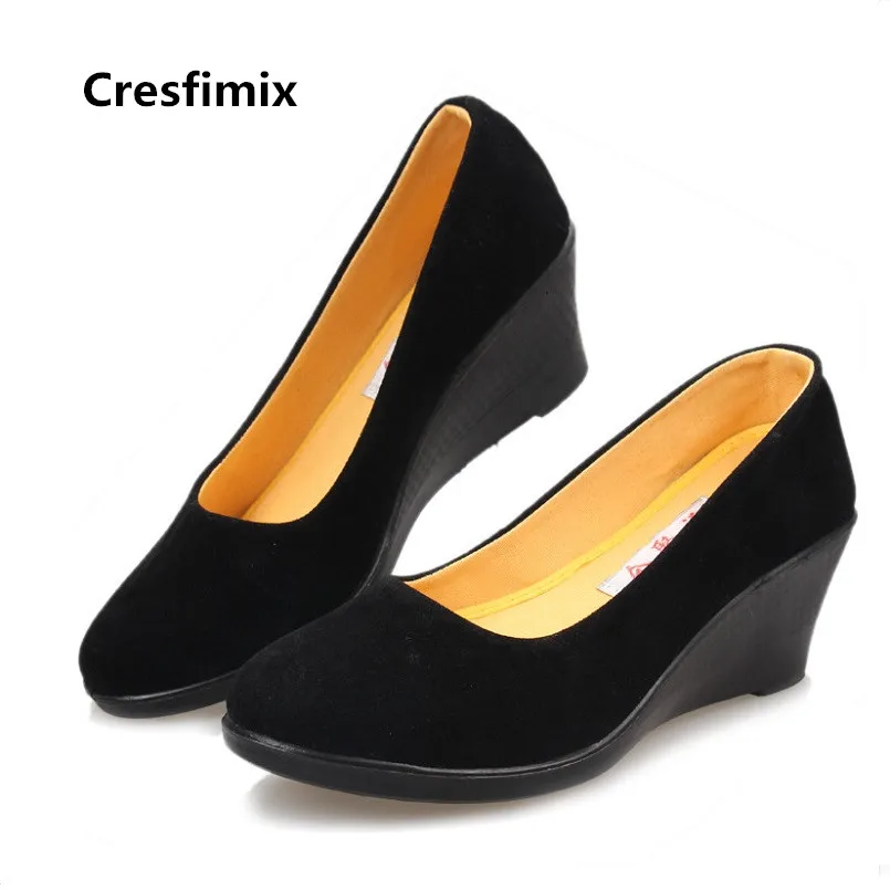 Cresfimix zapatos de mujer women cute comfortable light weight wedge heel work shoes lady casual black cloth dance shoes c3130