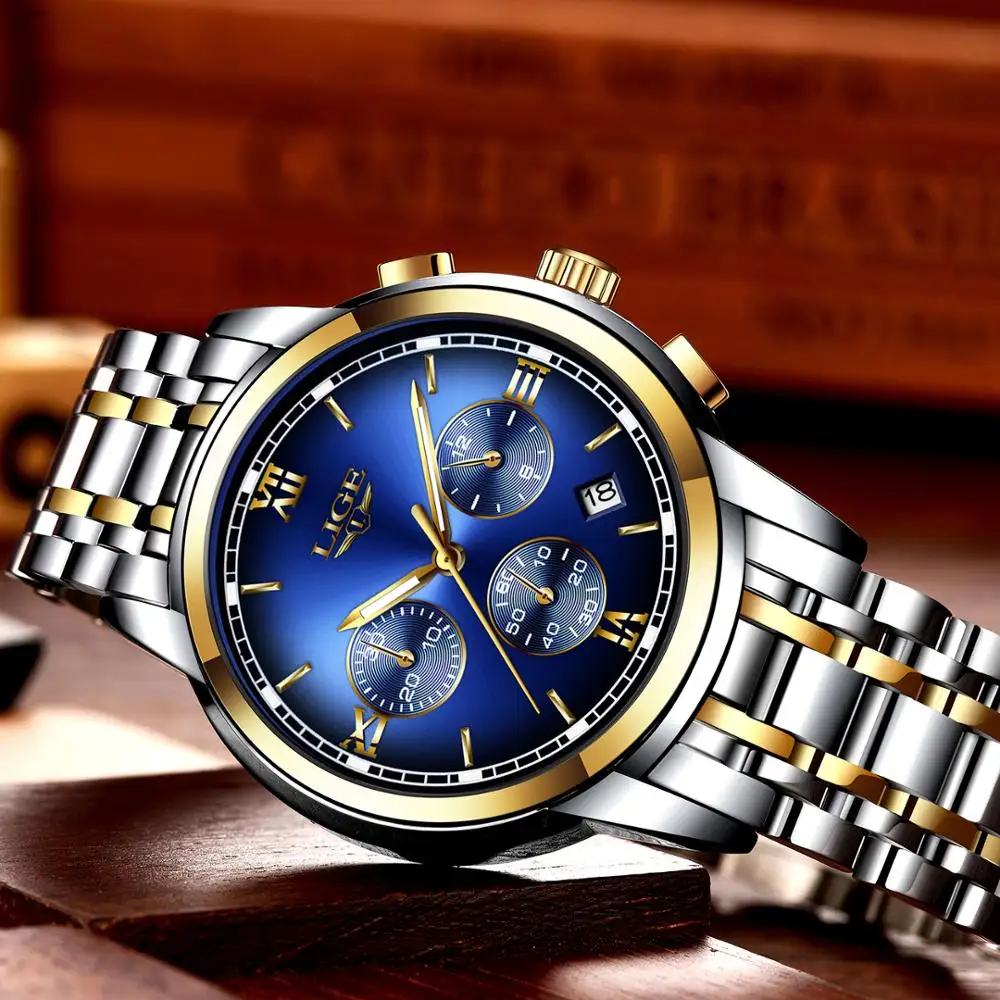 Montre Homme Часы мужские люксовый бренд LIGE Хронограф Мужские спортивные часы водонепроницаемые полностью Стальные кварцевые мужские часы Relogio Masculino
