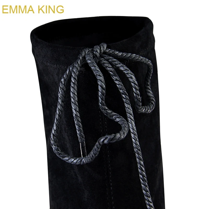 EMMA KING/черные флоковые женские ботфорты с острым носком высокий каблук 7 см