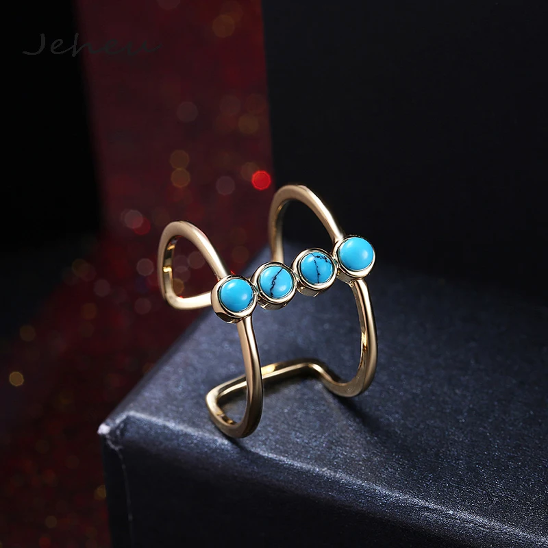 Free Size Gold Color Wide Ring for Women Fashion Turquoise Stone Double Layer | Украшения и аксессуары