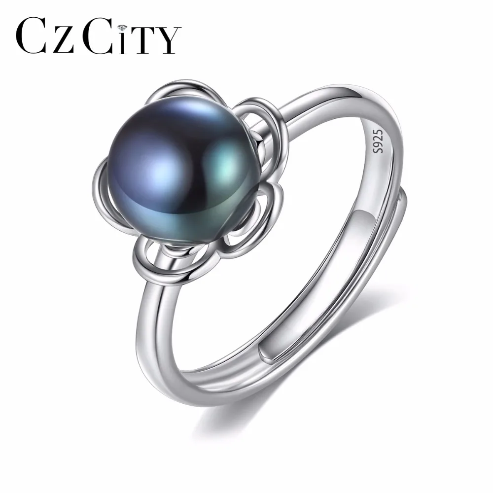 

CZCITY Brand Finger Ring The Latest 100% Natural Freshwater 8-8.5mm Black Grey Pearl Flower Shape Trendy Lady Silver Ring 925