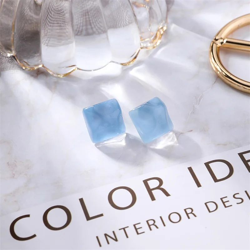 2019 Korean water ripple square geometric resin stud earrings candy color irregular acrylic for women summer jewelry | Украшения и