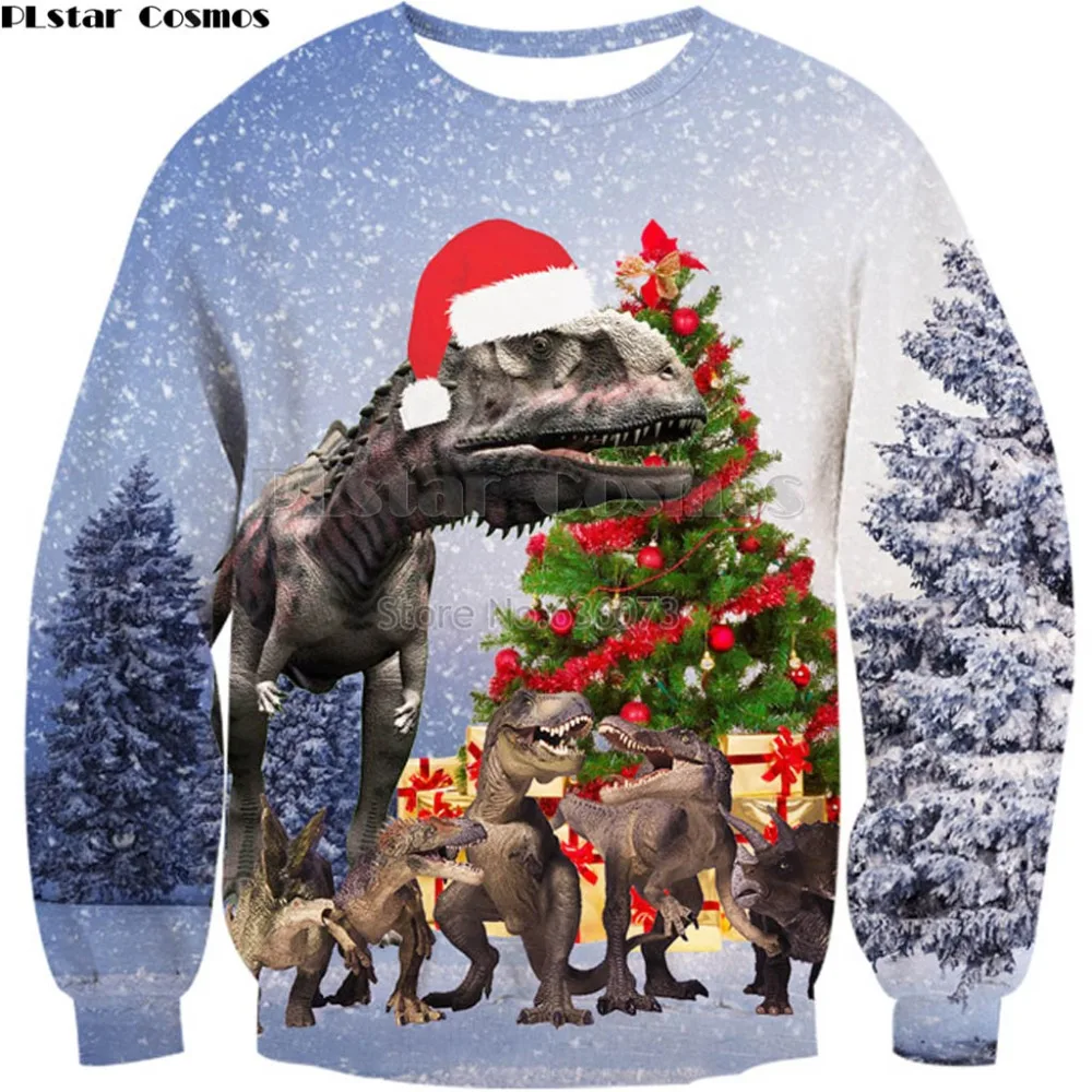 

PLstar Cosmos 2018 New style Christmas Fashion 3D Sweatshirt Funny dinosaurs and Christmas trees Print Men Women Casual pullover