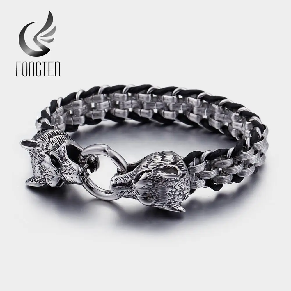 Fongten Vintage Dragon Stainless Steel Leather Men Fashion Bracelet Mens Bangle Accessoires Jewelry