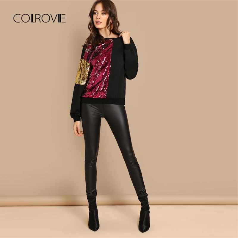 COLROVIE, цветная Корейская толстовка с блестками, женская одежда, осень, милый пуловер с длинным рукавом, уличная одежда, повседневные толстовки