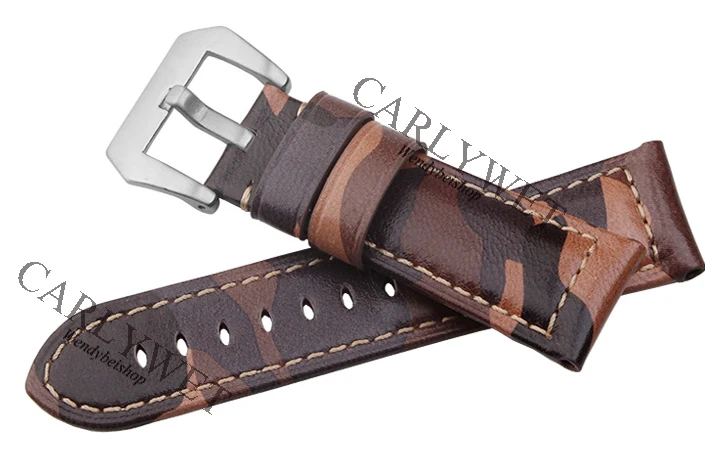 CARLYWET 22 24 26mm VINTAGE Camo Brown Watch Band Real Calf Leather Thick Strap Belt Silver Black Screw Buckle