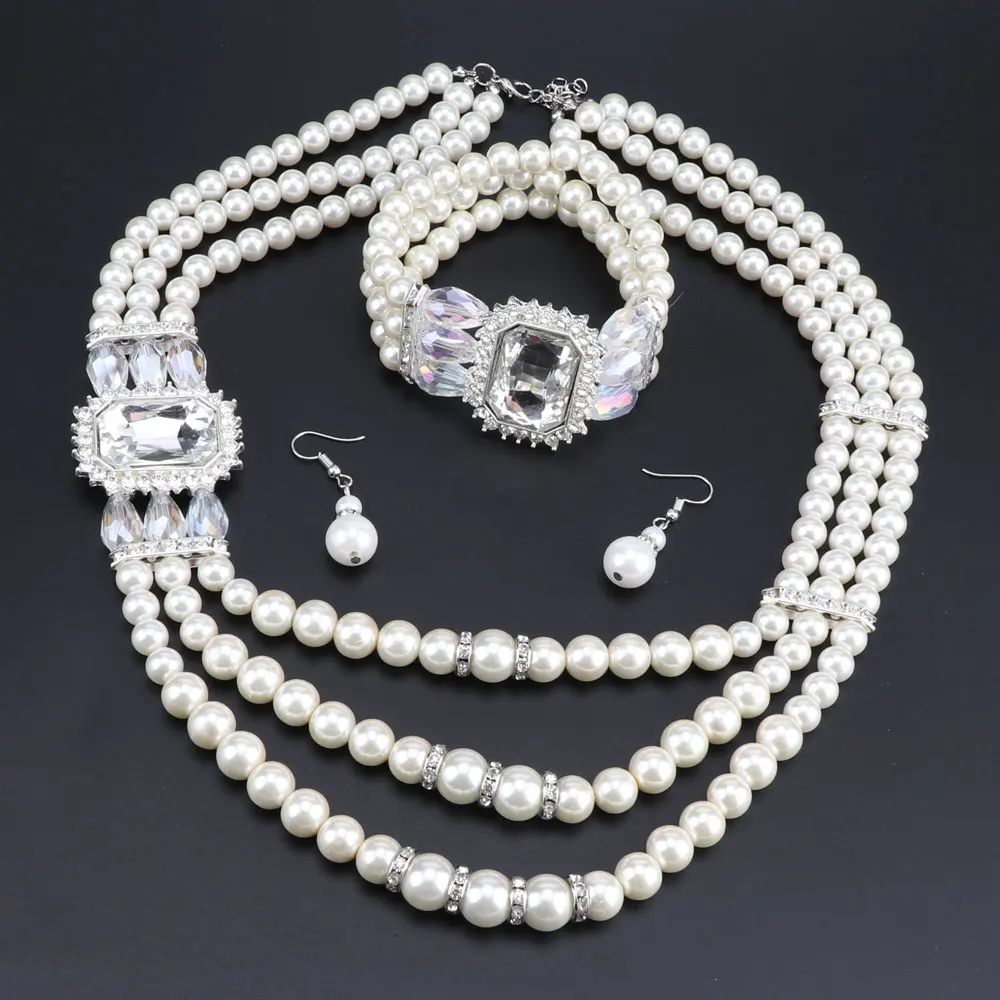 Бренд Реплика индийские жемчужные ювелирные изделия Schmuck набор Дубай подарок свадебный набор ожерелье браслет серьги без минимального заказа - Окраска металла: white