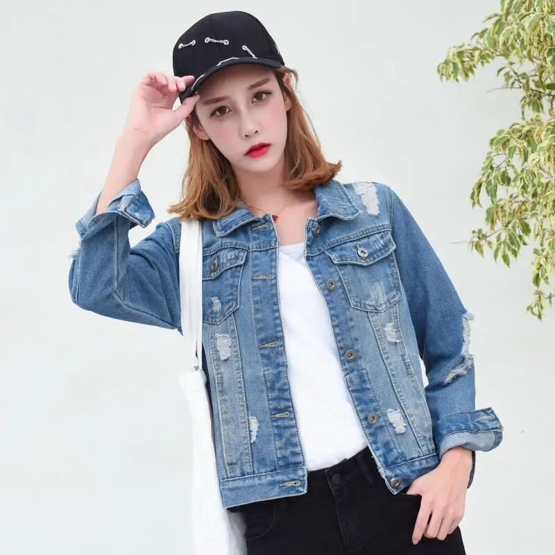 Осенние винтажные джинсовые куртки с длинным рукавом Потертая джинсовая куртка