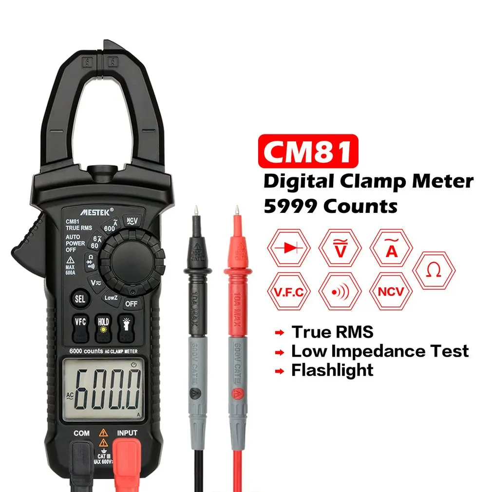 MESTEK CM81 цифровой клещи мультиметр True RMS 5999 отсчетов AC/DC Вольт Ампер Ом LowZ ncv диод