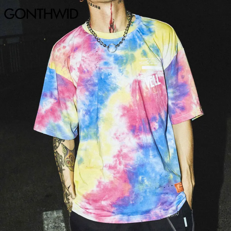 GONTHWID Tie Dye Ripped с дырами рваные Принт футболки уличная хип хоп повседневное Harajuku