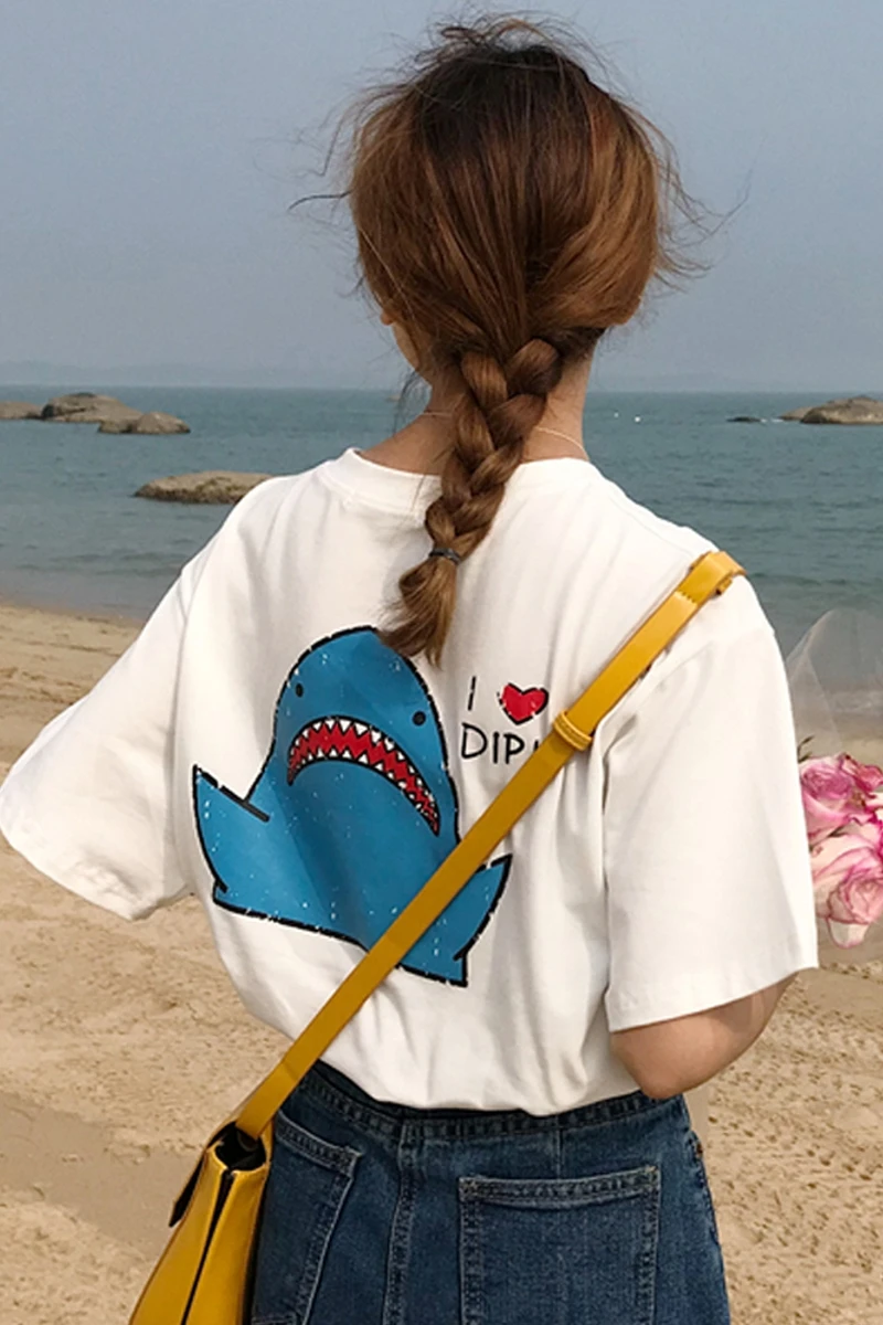 Summer Women's Clothing Korean Loose Thin Short Sleeve Shark Print T-shirts Student Cartoon Printing Wild Body Female T-shirt | Женская