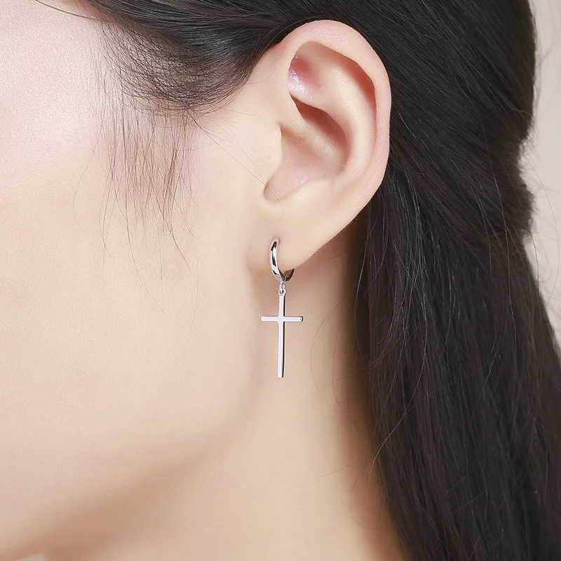 Real 925 Sterling Silver Small Loop Circle Cross Charm Drop Dangle Earrings For Women Girls Kids Children Men Jewelry Gift Aros|dangling earrings for