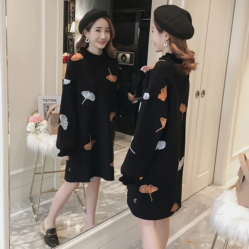 Платье Свитер для беременных модное шерстяное свободное платье с вышивкой на