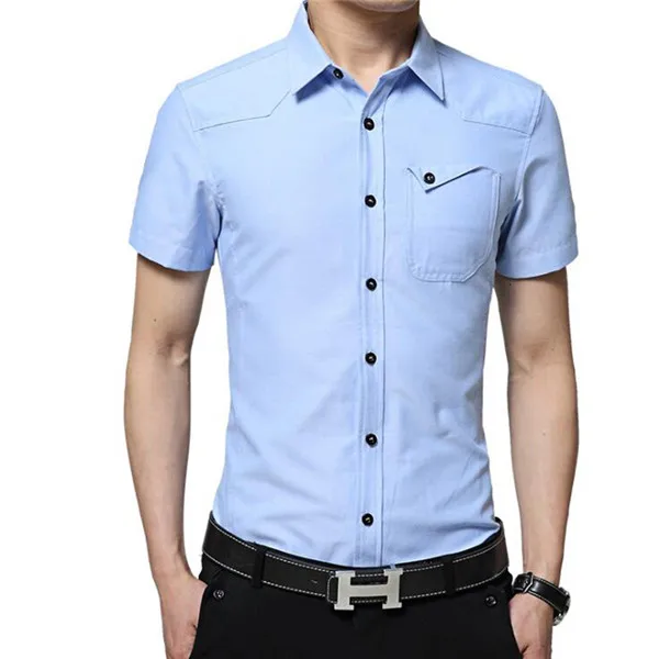 Весенние брендовые Для мужчин рубашка Slim Fit короткий рукав Твердые Стенд воротник Бизнес Повседневное социальных Рубашки для мальчиков платье мужской одежды 3XL X028 - Цвет: Blue