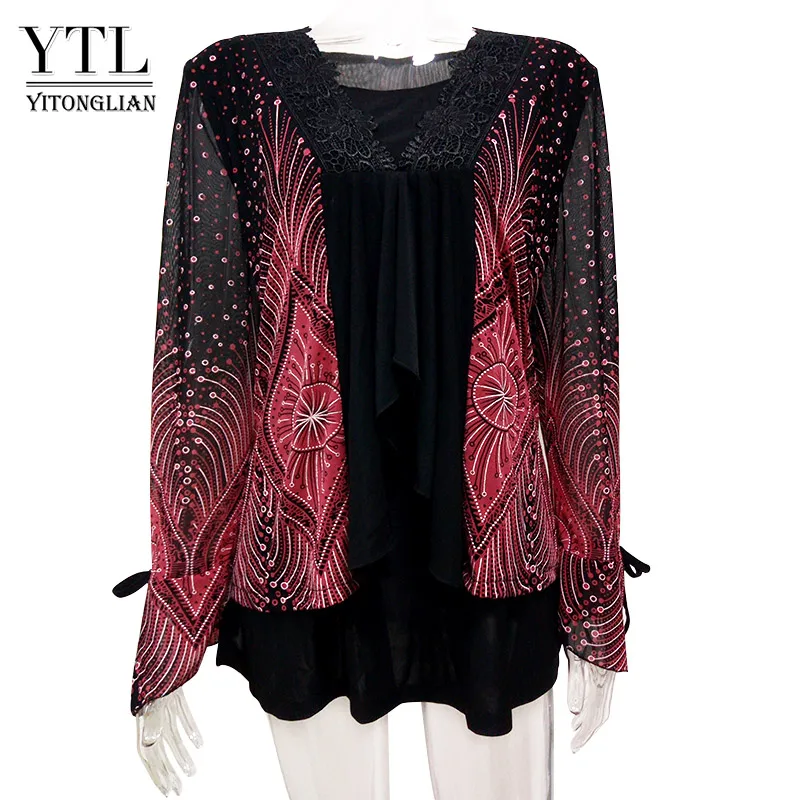 Black and Red Yitonglian, женский кардиган, большие размеры, винтажный, v-образный вырез, кружево, цветочный принт, Лоскутная Блузка, длинный рукав, туника, топ, 5xl, 6xl, 7xl, 8xl, H020 - Цвет: Black and Red