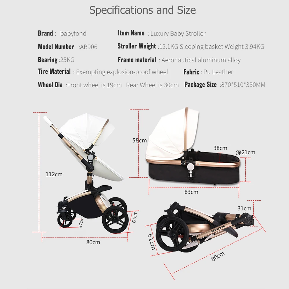 

Brand Newborn Pram Babyfond 3 in 1 Luxury Baby Stroller PU Leather Two-Way Push 360 Rotate Baby Car EU Safety Car Seat Trolley