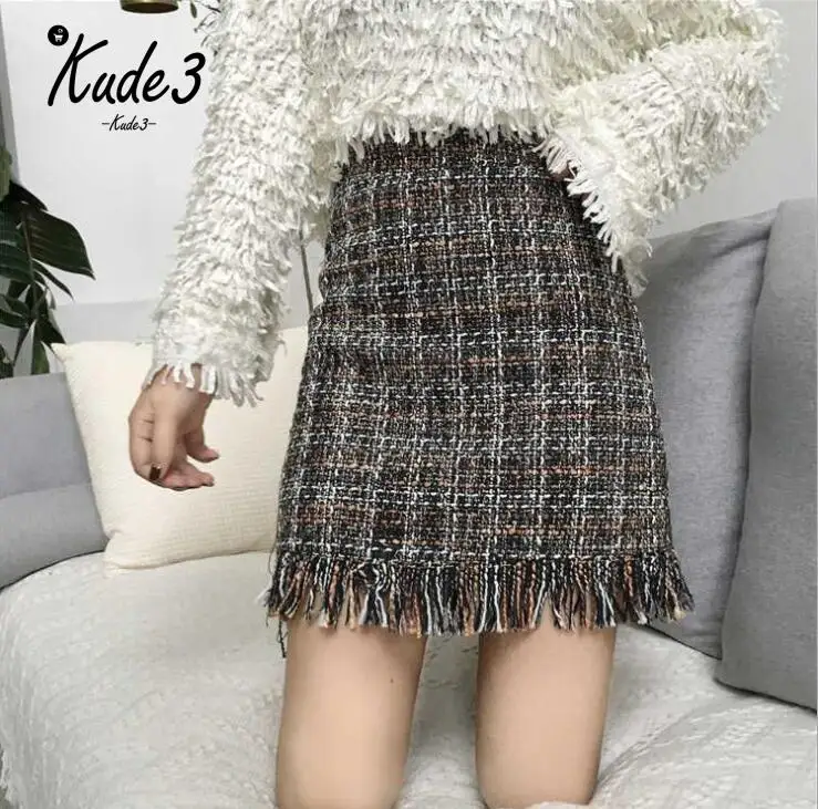 2018 Женская шерстяная мини юбка осень зима винтажная прямая клетчатая короткая с