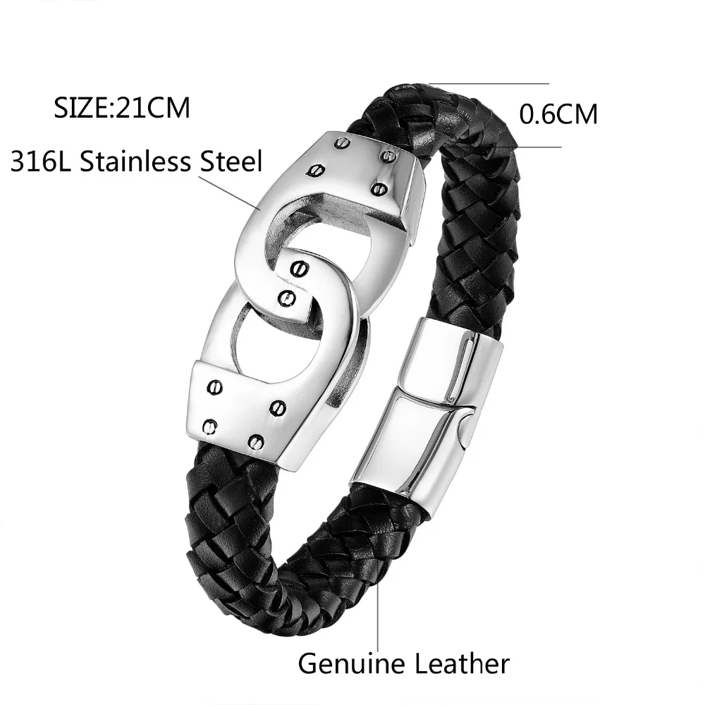 Мужской кожаный браслет MOGE черный из натуральной кожи на цепочке нержавеющей