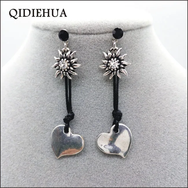QIDIEHUA Мода Boho Edelweiss Висячие серьги для женщин ювелирные изделия Brinco тибетская гравировка Серебряное сердце, для влюбленных длинные свисающие серьги