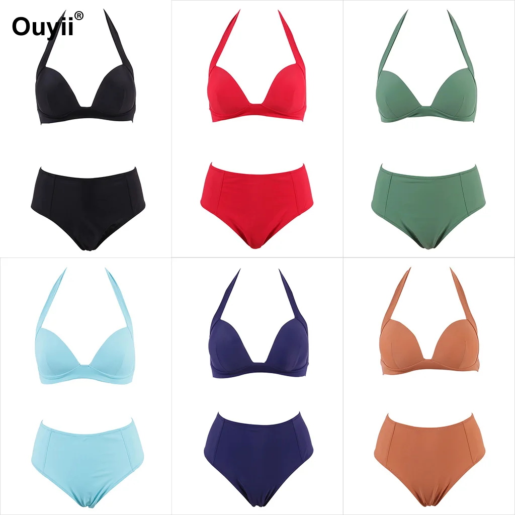 2019 High Waist Bikini Fashion Sexy Solid Color Hard Pack Swimsuit Beach Retro |