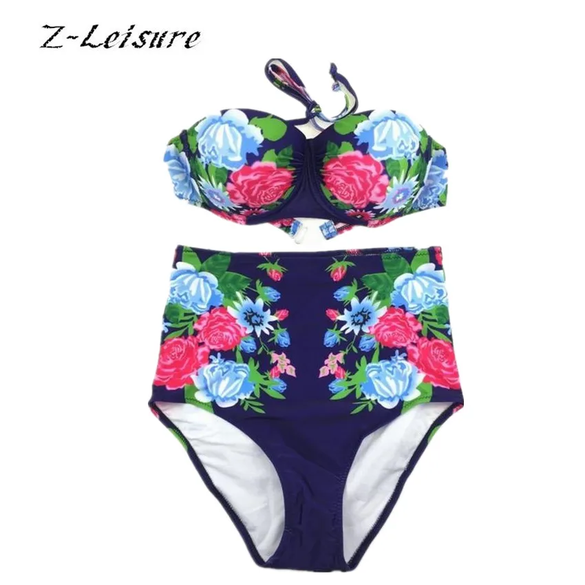 2016 бикини Высокая Талия Цветочный принт супер Push Up Бикини ED купальные костюмы