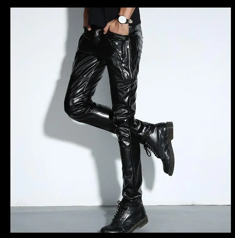 New Men Skinny Leather Pants Fashion Faux Leather Trousers For Male DJ Rock Stage Club Wear Biker Motorcycle Pants