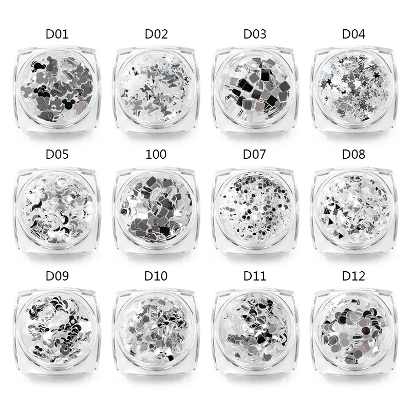 Смешанные формы ногтей блестки голографические серебряные чешуйки круглые Луна