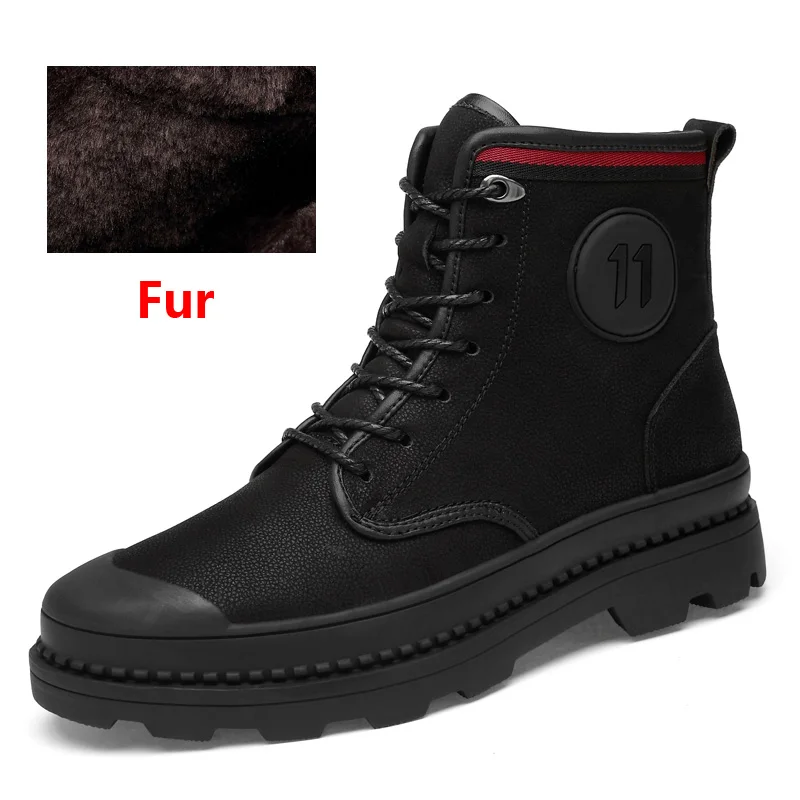 Fur Black OZERSK New Hot Sale Men Work Shoes Autumn Genuine Leather Lace Up Boots Vintage Style Men Ankle Boots Luxury Casual Boots - Цвет: Fur Black