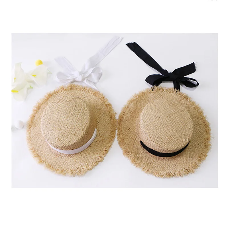 Шляпа от солнца из рафии женская складная Соломенная Панама с черной лентой и