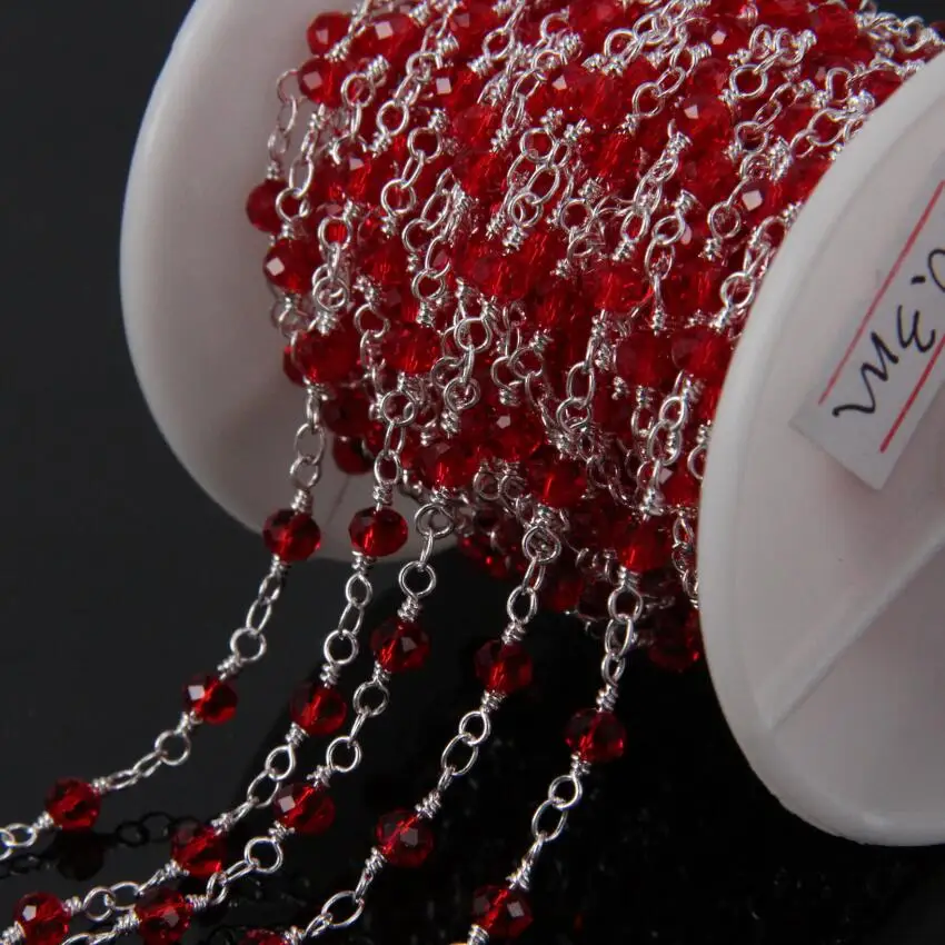 

5Meter Red Glass Rondelle Beads Chains,Sliver Plated Wire Wrapped Link Rosary Chain Necklace bracelet Jewelry Findings
