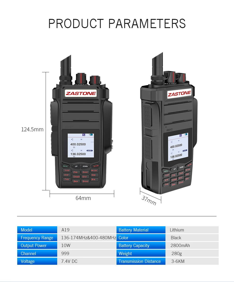 Zastone A19 рация 10 Вт Двухдиапазонная UHF 400-480 МГц/VHF 136-174 МГц 2800 мАч двойной PTT двухсторонний радиопередатчик