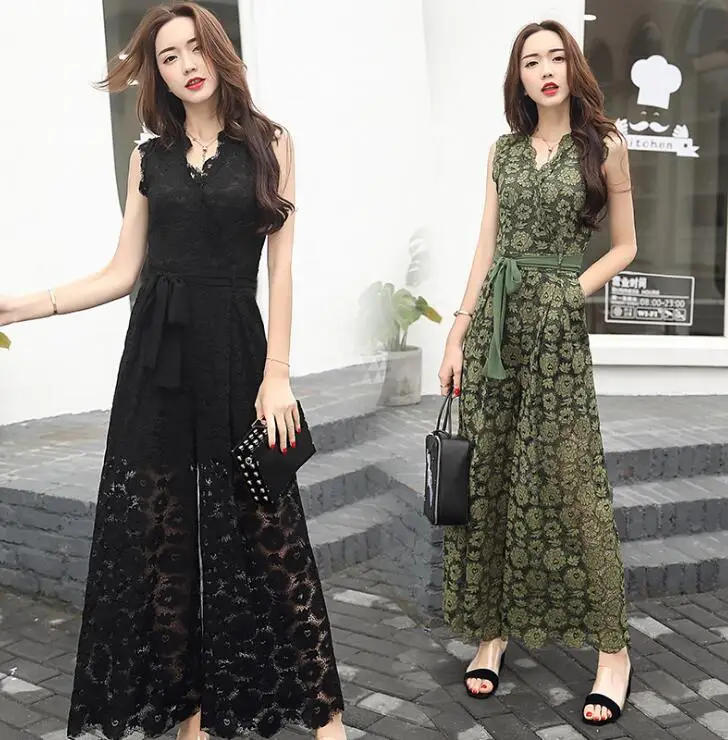 Комбинезон женский кружевной с V-образным вырезом длинный Ромпер без рукавов на