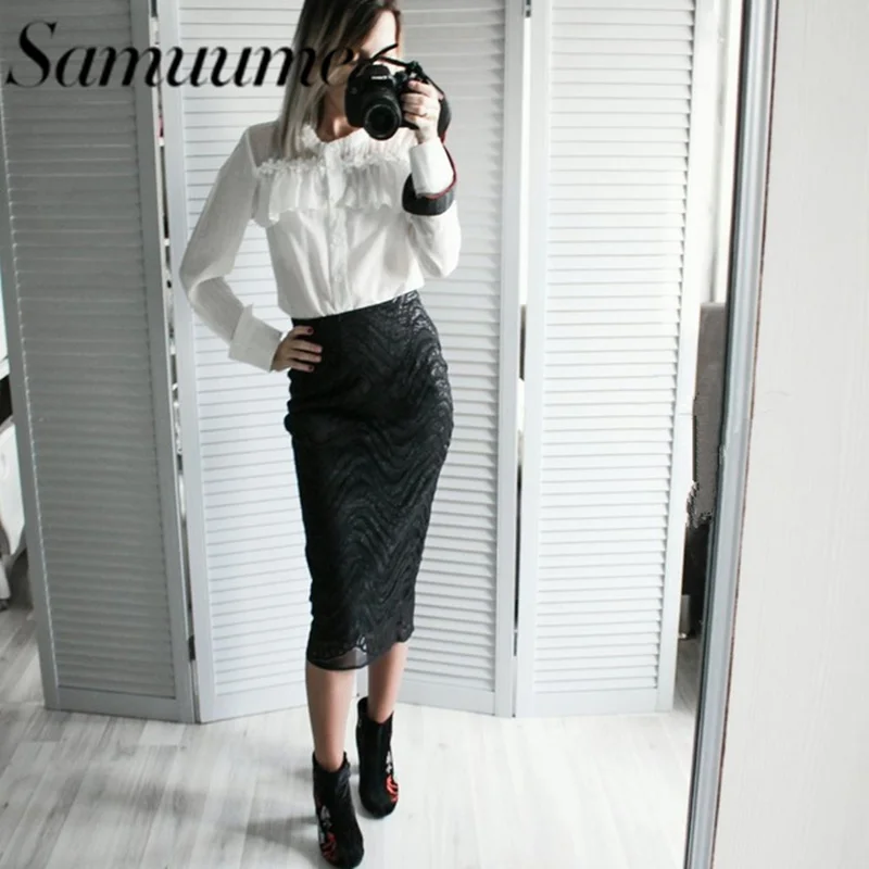 Samuume Высокая Талия Работа Bodycon юбка карандаш женские элегантные волна кружевные