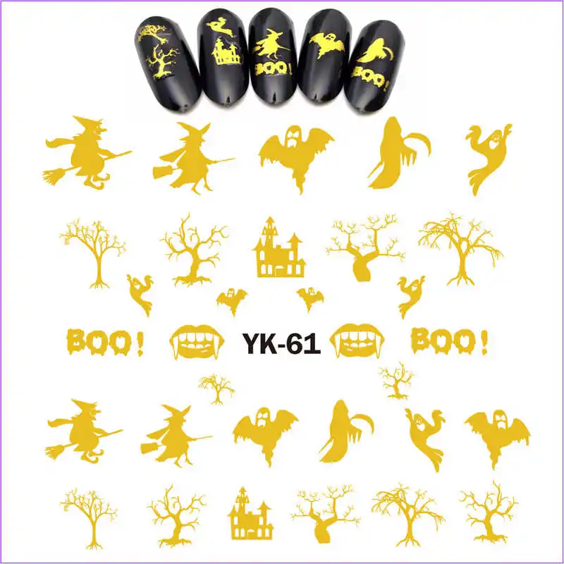 YK061 GOLD UPRETTEGO Золотые/серебряные Водные Наклейки металлические наклейки для ногтей Хэллоуин Дерево призрак ведьма летучие мыши тыква кошка коготь паук YK61-66 - Цвет: YK061 GOLD