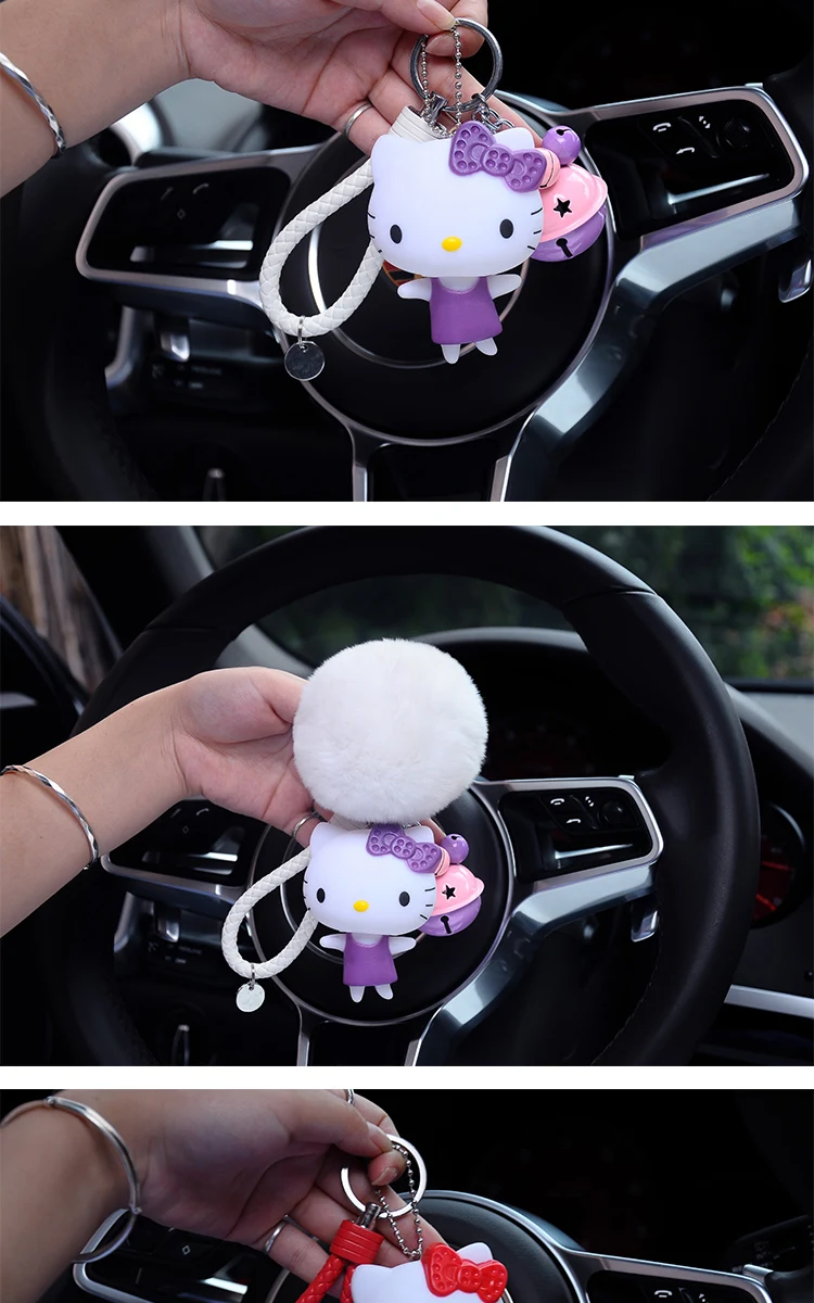 Милый мультяшный брелок hello kitty из кроличьего меха с помпонами, помпонами, брелок для женщин с кожаным ремешком, металлическое кольцо для ключей, цепочка для автомобильных сумок, брелок D35A