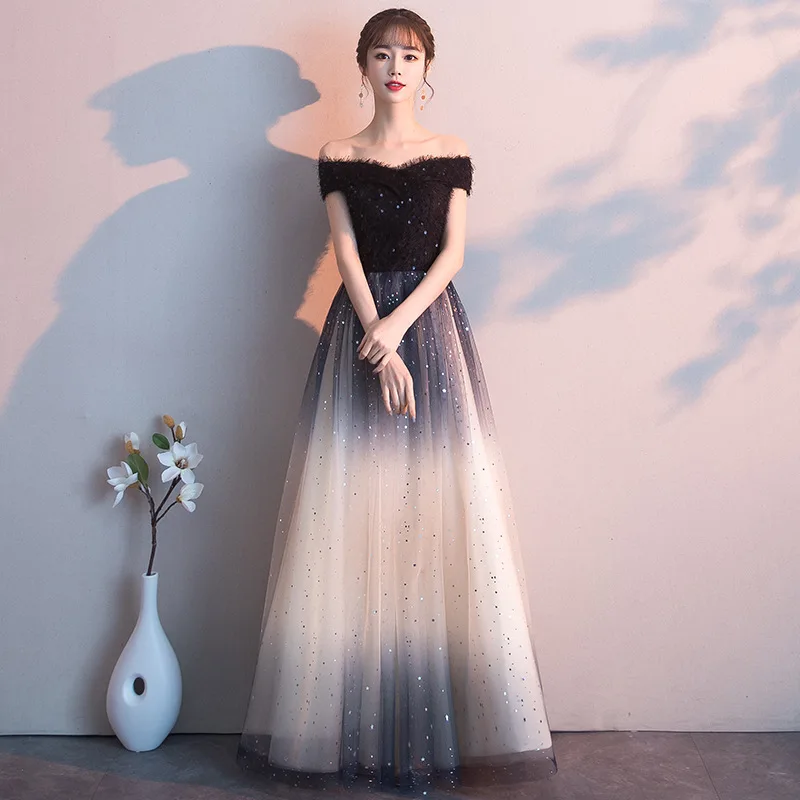 

Annual meeting evening dress female 2020 new banquet long section sequin gauze fairy hosted temperament lady black noble