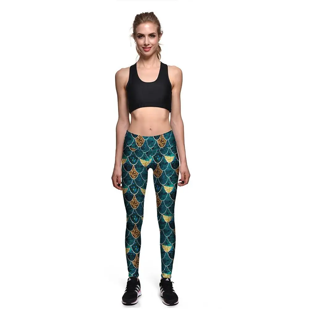Черные зеленые яшма желтые леггинсы с высокой талией Русалочка весы принт Йога
