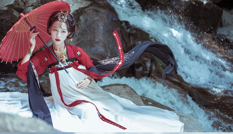 Hanfu платье женщины/дамы элегантный красный Hanfu одежда китайские традиционные костюмы древний Китай Народная танцевальная юбка DQL349
