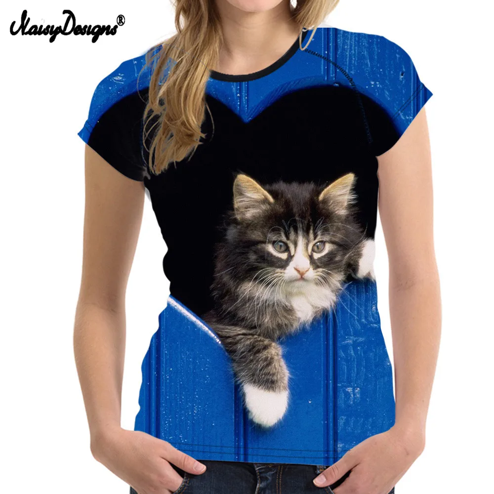 NoisyDesigns белый 3D Pussy Cat женские летние Базовая футболка Фитнес Топ Тонкий