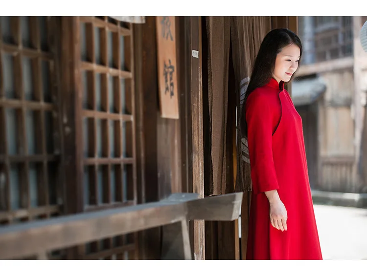 Chinese Cheongsam Dress Woolen Warm Thick Long Sleeve Dress Zen Tea Daily Long Sections Red