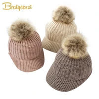 fashion knitted baby hat pompom winter cap for kids adjustable solid baby winter hat accessories children cap for 2 5 years 1pc
