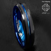 6mm tungsten mens ring thin blue line inside black brushed band atop jewelry customized jewelry