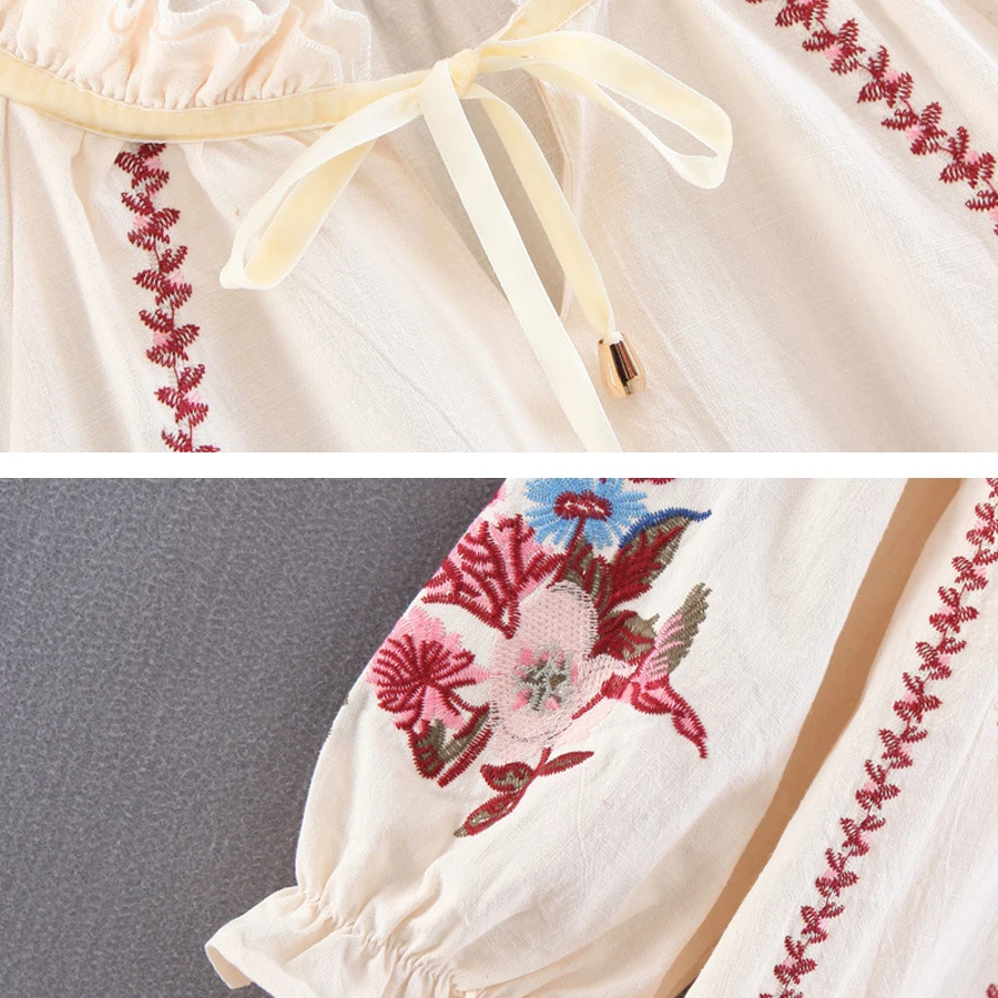 TEELYNN boho блузка шикарный фонарь с длинным рукавом хлопковая цветочной вышивкой О