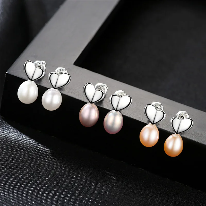 7-8mm Purple Freshwater Pearl Stud Earrings Sterling Silver 925 Jewelry Fashion Simple Heart Earring for Women |